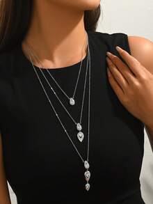 1pc Copper Inlaid Zirconia Teardrop Multi-Layer Necklace, Fashionable INS Style Daily Wear Gift For Women - Multicolor - View 3