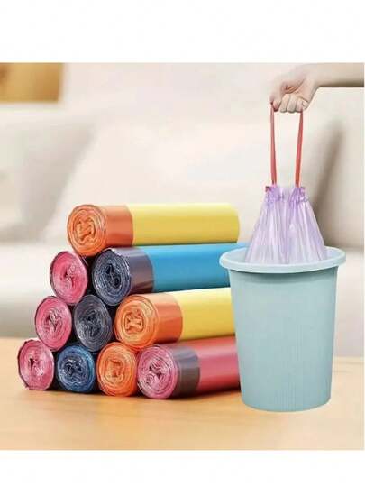 1roll/5rolls/10rolls Automatic Drawstring Trash Bags, Household Kitchen Hand-Held Colored Disposable Thick Garbage Bags