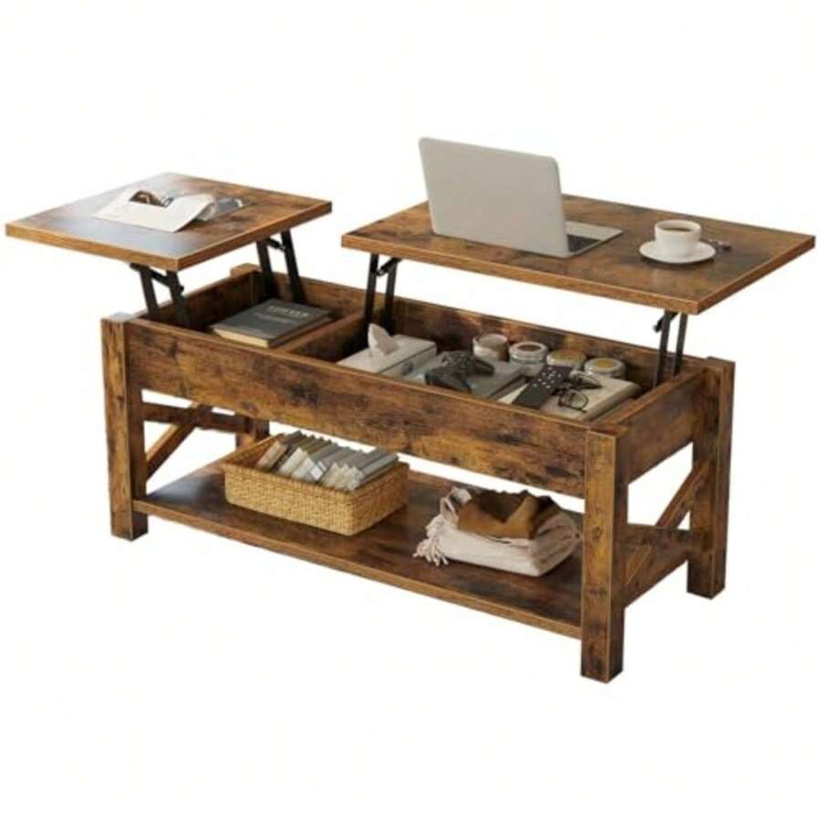 Coffee Table 47.2" 2 Way Lift Top with Hidden Compartment Lift Top Coffee Table with Open Shelf and X Wooden Support Center Table for Living Room Rustic Brown - Marrón rústico - Ver 1