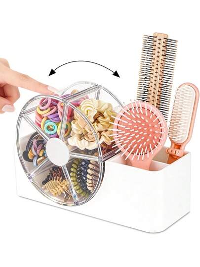 Hộp đựng mỹ phẩm xoay 5 ngăn, 2 ngăn đựng lược và bàn chải, hộp đựng đồ trang điểm phòng tắm dễ thương, thích hợp đựng kẹp tóc, dây buộc tóc và các phụ kiện tóc khác, hộp đựng đồ trang trí bàn trang điểm dành cho phụ nữ.