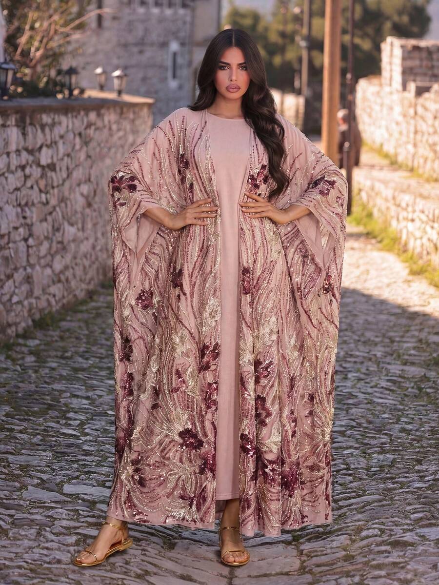 Glamorous Pink Batwing Sleeve Maxi Dress, Women's Elegant Round Neck Gown With Beaded Contrast Sequin Embellishments, Perfect For Fall Events Wedding - Dusty Pink - View 1