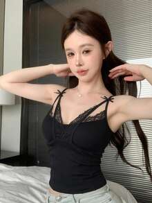 Áo hai dây ren phối nhiều mảnh gợi cảm, dây đeo có thể điều chỉnh, có đệm mút, dáng ôm sát, đa năng dùng làm áo lót/áo khoác ngoài. - màu đen - Xem 5