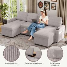 Corner Sofa Bed, U-Shaped Sleeper Sectional Couch Bed, 3-In-1 Corduroy Convertible Pull Out Sofa Bed With Adjustable Backrest, Storage And Cup Holder For Living Room, Grey - 4-seater U-shaped Corduroy Silver-grey - View 6