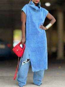 GLOURI Women's Blue Turtleneck Tunic Dress - Sleeveless Drop Shoulder & Side Split Detail | Fit For Street Style, Daily Errands, Weekend Brunch, Casual Gatherings & Urban Outings (Chic, Layered & Effortlessly Cool) For , Modern Looks - 藍色 - 查看 2