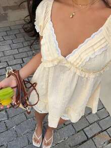 Women's Pink V-Neck Cute Sweet Lace Patchwork Short Sleeve Blouse, Suitable For Picnic, Home, Date, Vacation, Versatile - Hồng - Xem 3