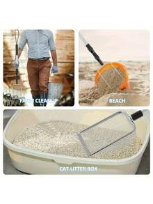 1 chiếc xẻng bãi biển gấp gọn màu đen, lưới lọc có thể thu gọn, tay cầm điều chỉnh được bằng thép không gỉ hình răng cá mập, dụng cụ thu gom vỏ sò bãi biển, cũng thích hợp để xúc cát vệ sinh cho mèo. - Cán dài - 1 chiếc - Xem 7