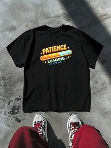 T-shirt homme avec imprimé graphique "Patience Loading", col rond, coupe ample, style street hip-hop, confortable et avec un imprimé de grand impact. - Noir - Voir 2