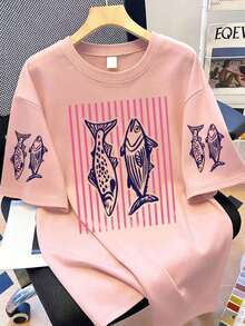 Teen Tropical Print Short Sleeve T-Shirt, Comfortable & Fashionable Student Youth Outfit, Girls' Favorite Casual Summer Top - Pink - View 1