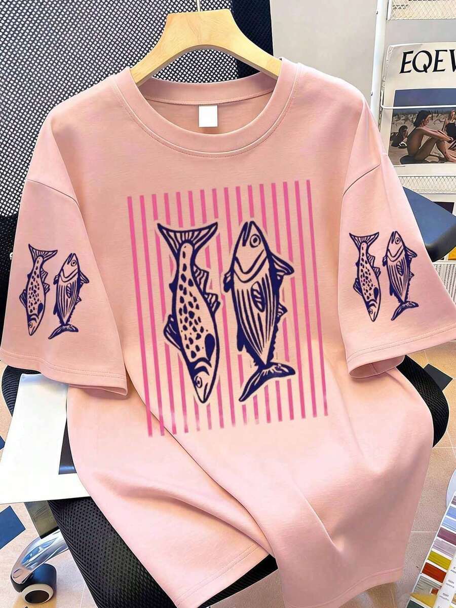 Teen Tropical Print Short Sleeve T-Shirt, Comfortable & Fashionable Student Youth Outfit, Girls' Favorite Casual Summer Top - Pink - View 1