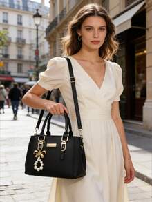 1pc Fashion Versatile Soft & Comfortable Fabric Minimalist Black Handbag, With Pearl Bow Pendant Accessory, Suitable For Travel, Outing, Shopping - Black - View 9