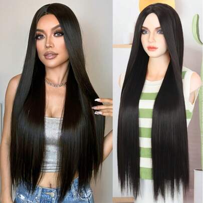 MECRY 76.2厘米长直发人造假发，男女皆宜。假发前额部分采用合成纤维，外观自然，前额无胶水，并使用高温丝。适合编织假发，适用于派对等场合。配有玫瑰花网帽。密度：200%。