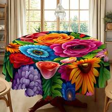 1pc 2D Floral Print Round Tablecloth, Colorful Blooming Wavy Edge, Polyester Dining Table Cover For Family Gathering, Party, Picnic, Outdoor Wedding, Indoor & Outdoor Use, Gift For Loved Ones - Multicolor - View 9