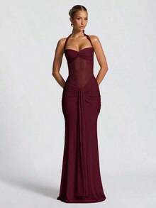 Sexy Spaghetti Strap Backless Waist Cinched High Slit Dress, Mesh Patchwork Vacation Party Dress Women's Fishtail Slim Fit Slip Dress Elegant Long Prom Dress For Spring & Summer - Màu Đỏ Sâu - Xem 7