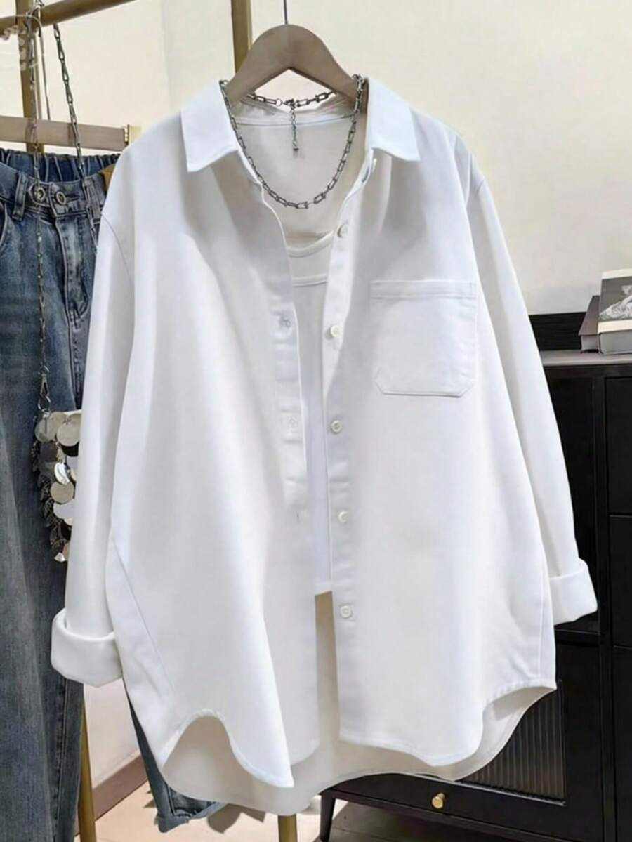 Plus Size Women's Solid Color Pocket Front Button Down Casual Shirt Spring White - White - View 1