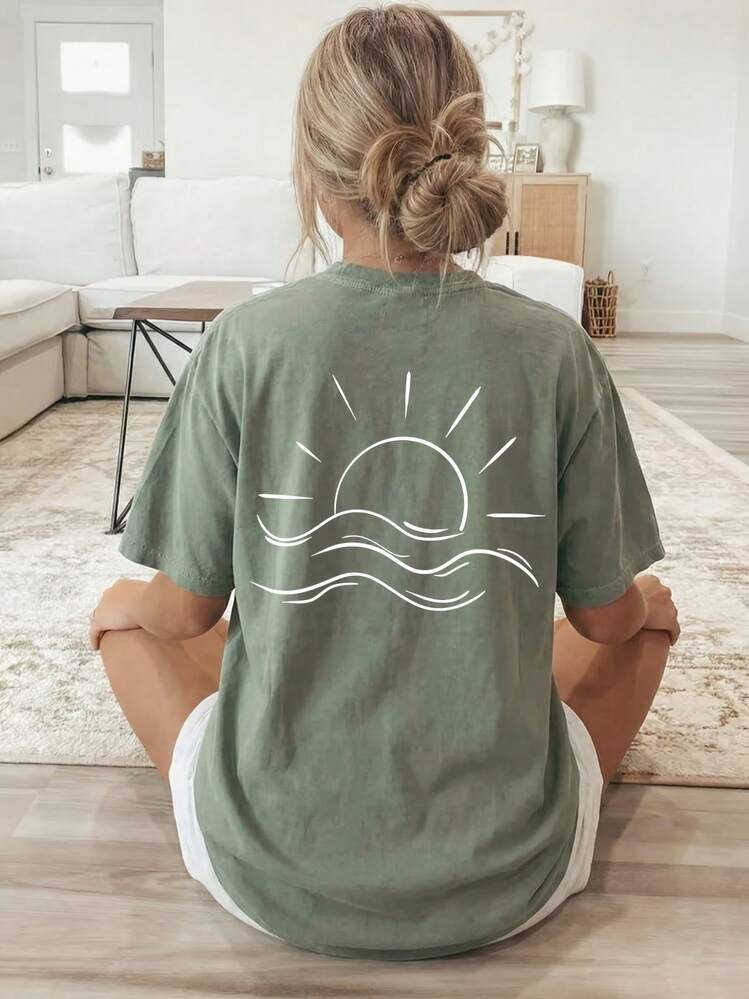 2026 New Summer Collection, [Double-Sided Print] Spring/Summer Loose Casual Women's Clothing, White Line Sun And Sea Pattern Print, Short-Sleeved Roun - White - View 7