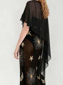 Poncho de malla transparente para mujer, color liso, cuello redondo, dobladillo asimétrico, chal suelto, capa. - Negro - Ver 4