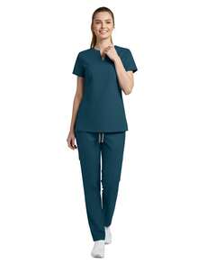 2pcs/Set Seragam Perawat Wanita, Atasan + Celana dengan Saku, Pakaian Kerja Ruang Bedah Keperawatan, Pakaian Kerja Salon Kecantikan Musim Semi - Teal Blue - View 4