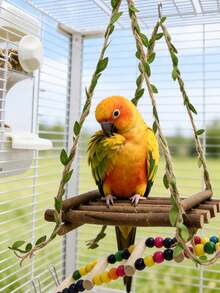 Medium-Small Parrot Natural Wooden Rattan Hanging Swing, Interactive Perch, Realistic Green Leaf Swing Toy To Relieve Boredom, Educational Bird Supplies, Bird Cage Accessories, Parrot Toys - View 9