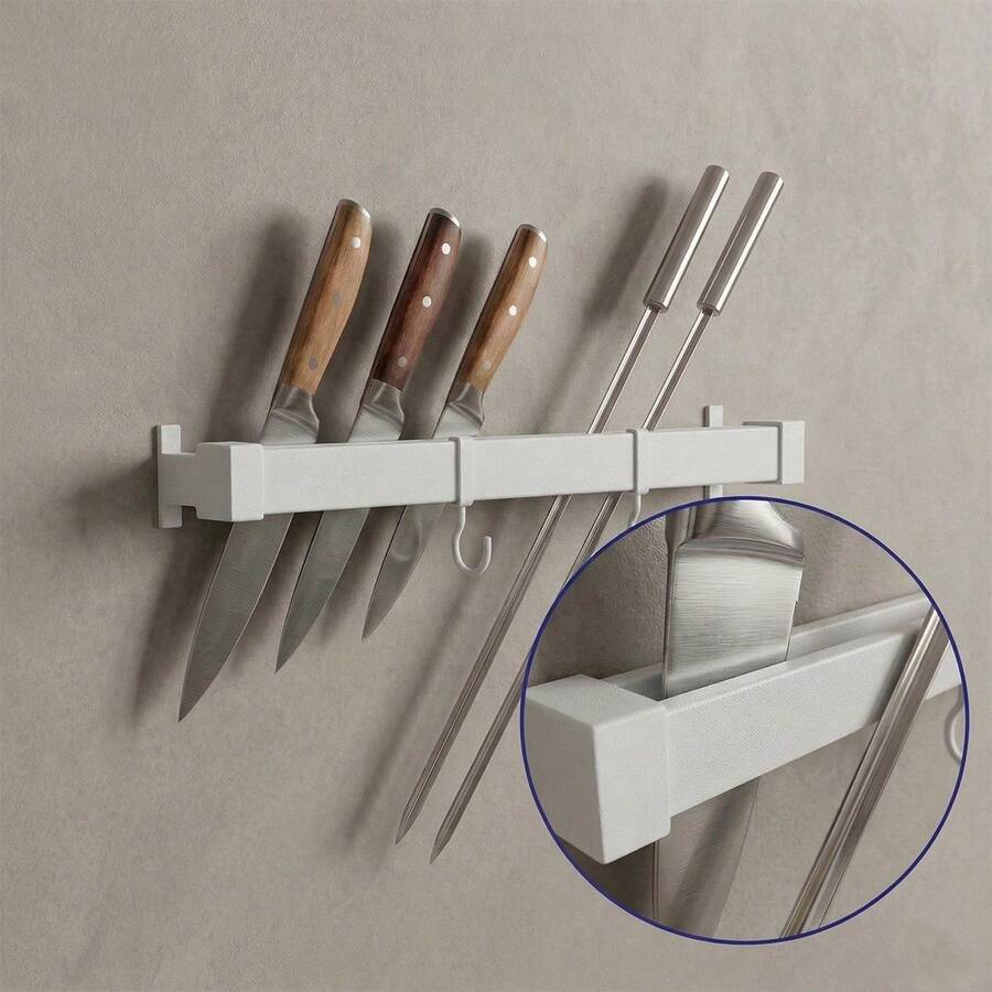 Suporte Espet/Faca/Grelha/Utens c 2 Ganchos Móveis 24cm para Cozinhas Churrasqueira Area Gourmet Pratico Organizador - Branco - Visão 1