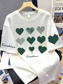 Camiseta de moda para mujer con diseño de corazón y eslogan - Punto casual - Patrón de corazón blanco y verde, adecuado para primavera, verano, otoño - Blanco - Ver 1