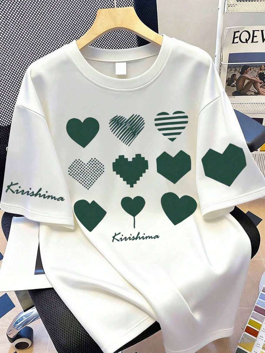 Camiseta de moda para mujer con diseño de corazón y eslogan - Punto casual - Patrón de corazón blanco y verde, adecuado para primavera, verano, otoño - Blanco - Ver 1