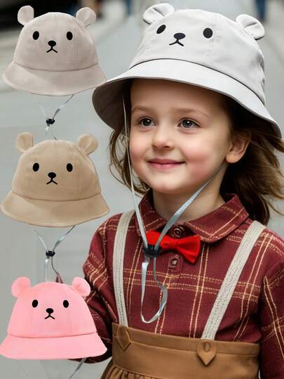 1pc Kids' Multi-Color 3D Bear Ear Printed Bucket Hats With Lanyard, Comfortable Anti-Lost Sun Protection Cute Caps, Suitable For Spring Autumn School Days, Weekend Strolls & Outdoor Play