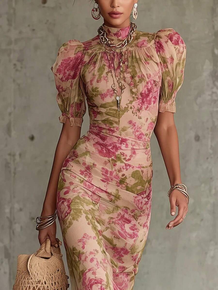 Women's French Style Floral Print Puff Sleeve Pleated Bodycon Maxi Dress Elegant Long Gown For Party Beach Date Night - Bản in 1 - Xem 1
