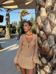Women Sweater Dresses - Camel - View 3