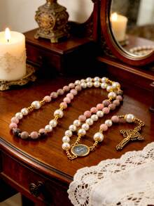 GO2CJBEADS 1pc Handmade Natural Stone Beads Rosary Cross Necklace, Classic Vintage Religious Gift, Beaded Necklace Prayer Jewelry - Z0694A - View 9