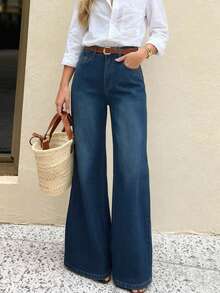 Jeans de pierna ancha lavados en marrón para mujer, pantalones vaqueros cómodos con bolsillos, estilo casual para primavera - Azul lavado oscuro - Ver 3