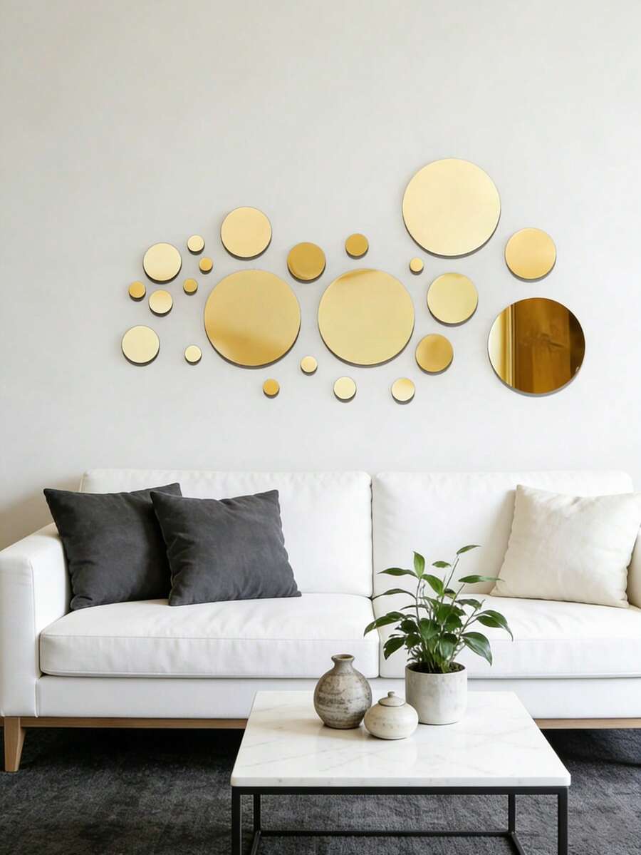 32片金色圆形镜面墙贴，亚克力圆形镜面墙饰，房间装饰，卧室装饰，浴室装饰
