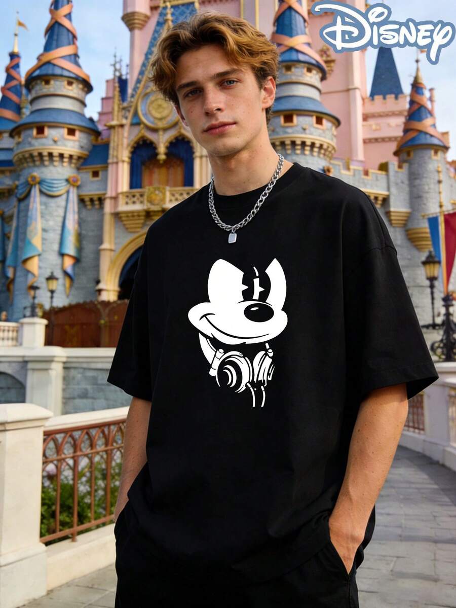 Disney Officially Licensed Mickey Mouse Headphone Graphic 220g 100% Cotton T-Shirt, Unisex Regular Fit Casual Streetwear - 黑色 - 查看 1