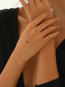 1 chiếc nhẫn nữ bằng thép không gỉ, đính đá Zirconia đen đơn, kiểu dáng thời trang, mạ vàng 18K. - Vàng - Xem 3