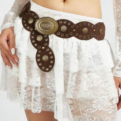 1pc Bohemian Western Style Women's Belt, Boho Belt, Western Belt, Gothic Velvet Patchwork Belt, Fashion Accessory For Women, Autumn/Winter Coffee & Antique Bronze Floral Oval Buckle Belt, Dress Accessory, Party, Beach, Music Festival, Y2K Style Belt, Valentine's Day Gift, Available In Plus Size