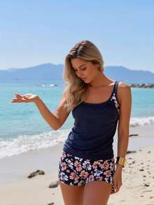 2026 New Women's Sexy Fashion Navy Blue & Pink Floral Patchwork Tummy-Control Two-Piece Boyleg Swimsuit For Vacation & Leisure Swimwear - Màu xanh hải quân - Xem 3