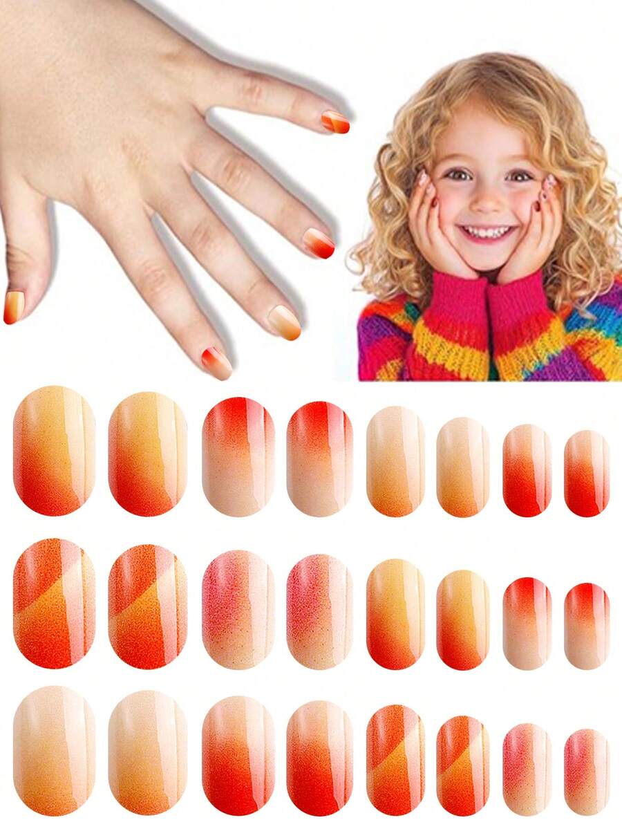 NAIO 24pcs Kids Press On Nails, Orange Gradient Full Cover False Nails Colorful Full Cover Short False Nails For Girls, Cute Mixed Pattern Wearable Nail Kit With Storage Box & Nail File - Multicolor - View 1