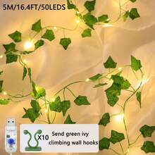 Dây đèn LED hình dây leo uốn cong được, 1 cuộn, 20/50/100 hạt LED với lá xanh và móc leo, kiểu Mori tự nhiên tươi sáng, kết cấu dây leo chân thực, thích hợp cho trang trí đám cưới, lễ đính hôn, Giáng sinh, Lễ Tạ ơn, Ngày của Mẹ, Diwali và các ngày lễ khác. - USB Green Leaf - Xem 14