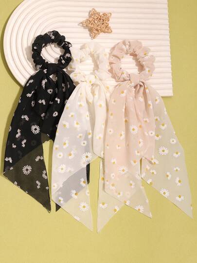 3pcs Daisy Pattern Headband With Long Streamer Scarf, Casual Floral Print Headpiece For Party, Cute & Elegant Polyester