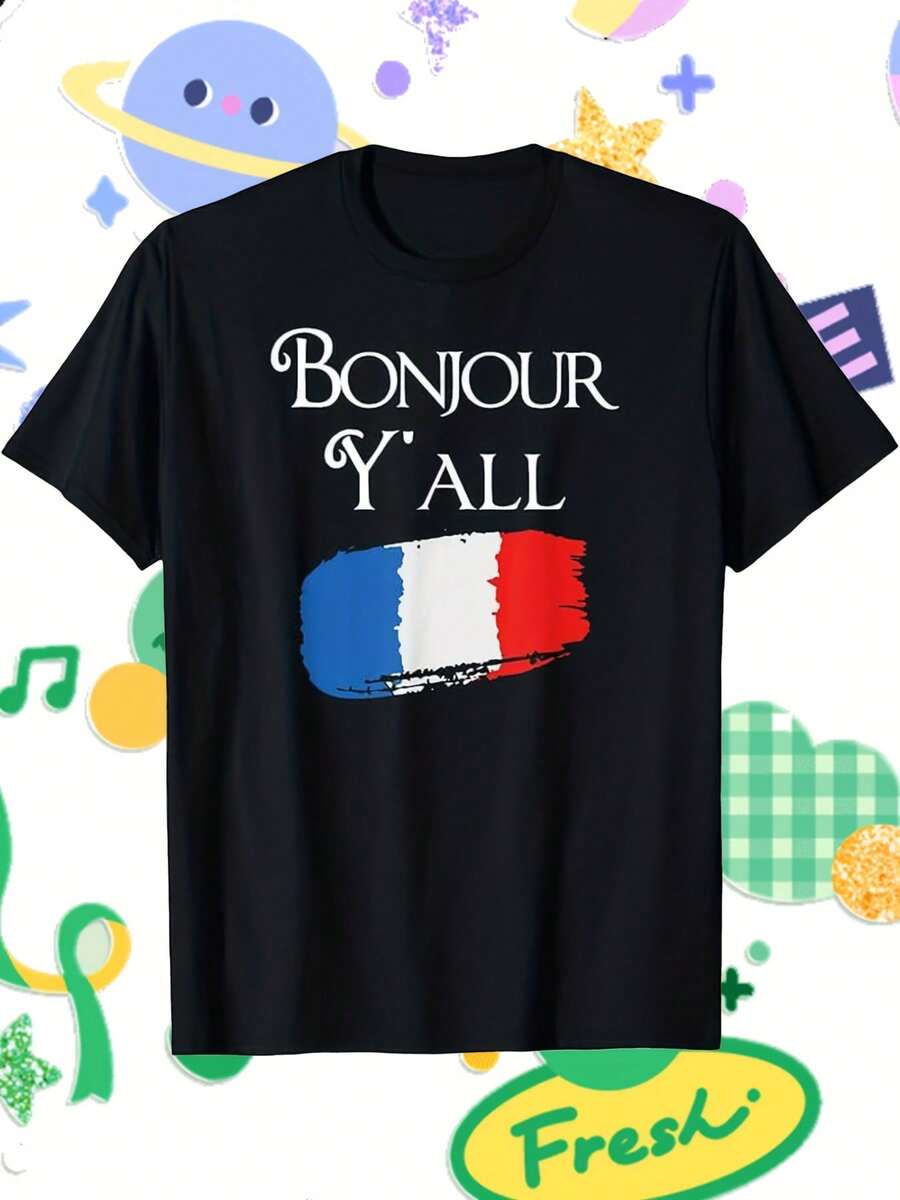 Boys' French Flag Graphic T-Shirt - "BONJOUR Y'ALL" Print, Black Casual Summer Tee With Blue, White & Red Design, Medium Stretch Fabric, Round Neck, Perfect For Casual Attire, Everyday Tshirt| Playful Print Tee| Medium Stretch Fabric, T Shirt For Boy, Boy Clothes, T Shirts For Boys - màu đen - Xem 1