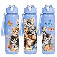 1 pieza Botella de agua deportiva de 750ml/26oz con diseño impreso en 3D de gato, 5 opciones de color, con correa de asa para transportar fácilmente, compacta y ligera, adecuada para exteriores, viajes, campamentos, escuela, oficina, excelente regalo de Navidad o cumpleaños - Multicolor - Ver 5