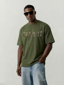 2025 Men's Casual Letter Print Round Neck Short Sleeve T-Shirt, Summer - Army Green - View 2