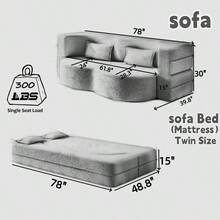 Modern Floor Sofa With 2 Pillows Convertible Teddy Fabric Foam-Filled Sleeper Sofa Bed 15" Twin Size Folding Mattress For Living Room Guest Bed Playroom No Assembly Required Beige/White - 雙人床尺寸 + 泰迪熊 + 米色/白色1 - 查看 7
