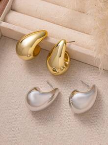 Set de 2/4 piezas de pendientes de aro curvo con forma de lágrima de metal, tono dorado/plateado, diseño grueso hipoalergénico, minimalista y elegante, adecuado para varios atuendos - Multicolor - Ver 10