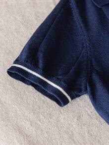 Chemise polo en lyocell de couleur unie style scolaire pour garçons, manches courtes, pull fin à demi-zip, convient pour l'école, le port quotidien, le printemps, l'été, l'automne - Bleu marine - Voir 6