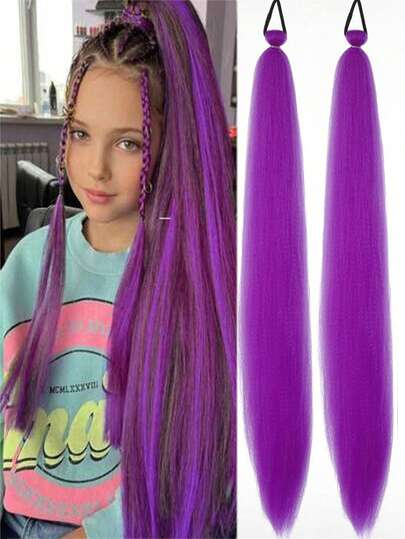 2pcs 24in Girl Braided Purple Woven Wig Combined With Long Yaki Straight Hair Heat-Resistant Fluffy Ponytail Hair Accessory For Girls, Girl's Wigs,Suitable For Daily Parties And Gatherings.