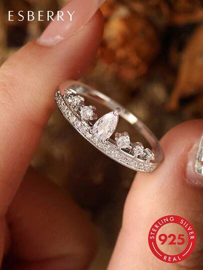 ESBERRY 1 Stück S925 Sterling Silber eleganter luxuriöser Prinzessinnenkrone Ring, exquisites Schmuckgeschenk für Frauen, geeignet für Dates