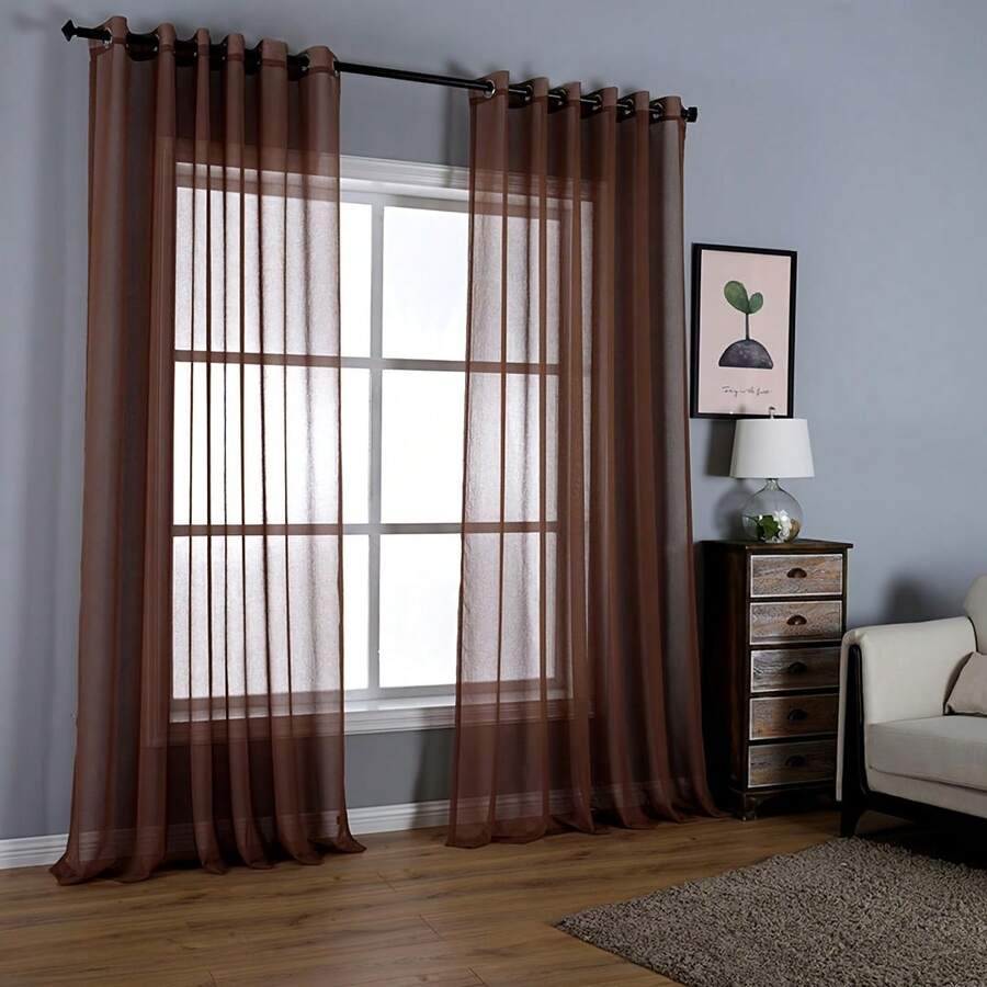 Modern Minimalist Sheer Curtain In Khaki Color, With Grommet Top And Soft Drape, Suitable For Living Room, Bedroom, Dining Room, Balcony, Bay Window, Study, Apartment Home Decor