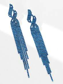 1 par de pendientes largos con flecos y pedrería, uso versátil diario para mujeres - Azul - Ver 2
