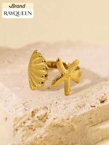 RAYQUEEN Fashionable Stainless Steel Versatile Shell & Starfish Open Ring Set Decorative Jewelry For Women, Suitable For Daily Wear And Holiday Gifts - Yellow Gold - View 6