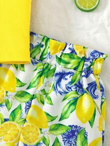 Young Girl Solid Ribbed Tank Top And Tropical Plant Print Shorts Set, Summer Vacation Beach Fashion Cute Minimalist Girls Outfit - Yellow - View 7